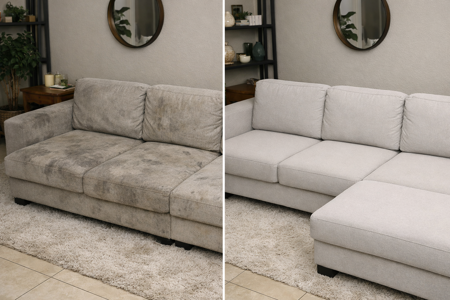 Antes e depois de higienização de sofá cinza pela EasyClean em Salvador